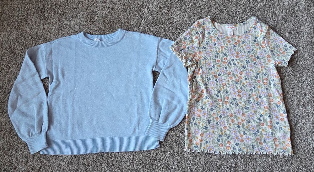 Girls Gap shimmer blue Sweater & Cat & Jack Floral Ribbed Tee Bundle-Sz 10-12